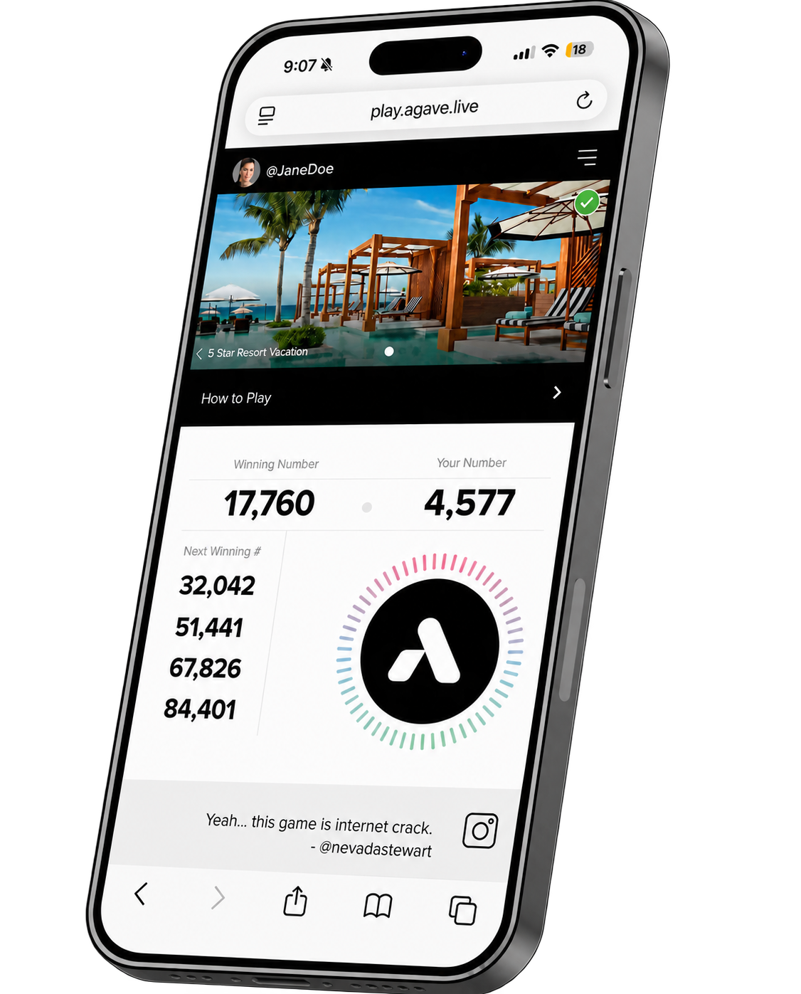 Agave prize game on an angled phone, showing a resort prize and the race to the winning number